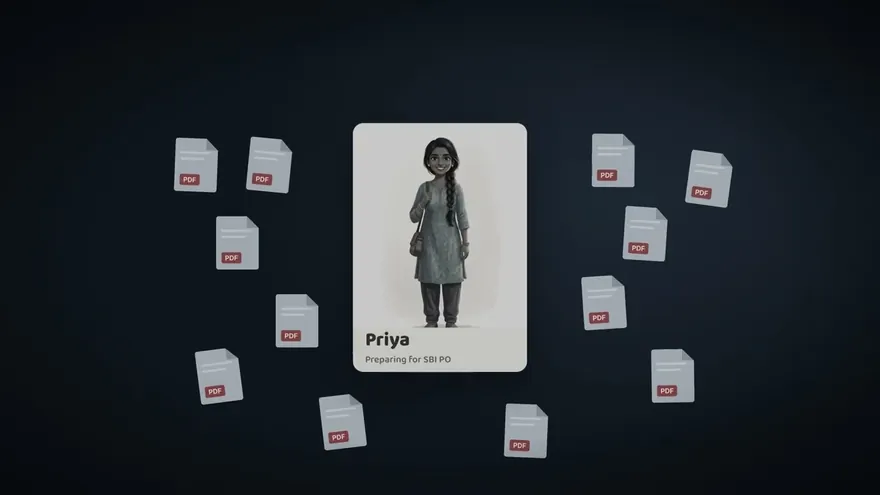The film's opening: Priya, preparing for SBI PO, among a pile of PDFs.