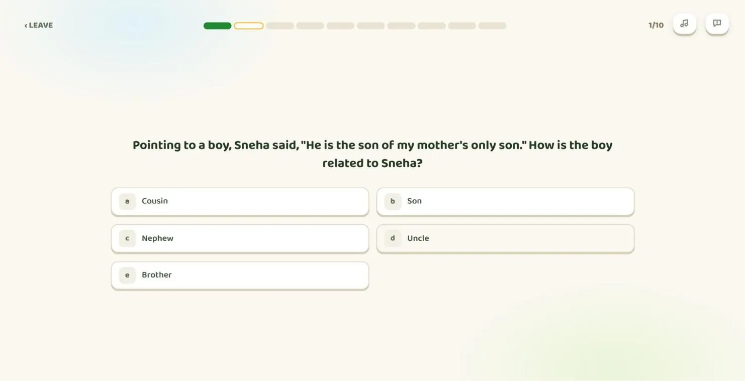 A reasoning question, the second of ten, with its answer rows.